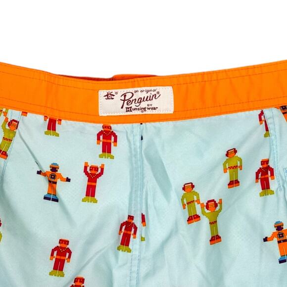 Original Penguin Men's Robot Print Swim Trunks 34 Swimsuit Blue Orange Pop Art - Picture 4 of 5